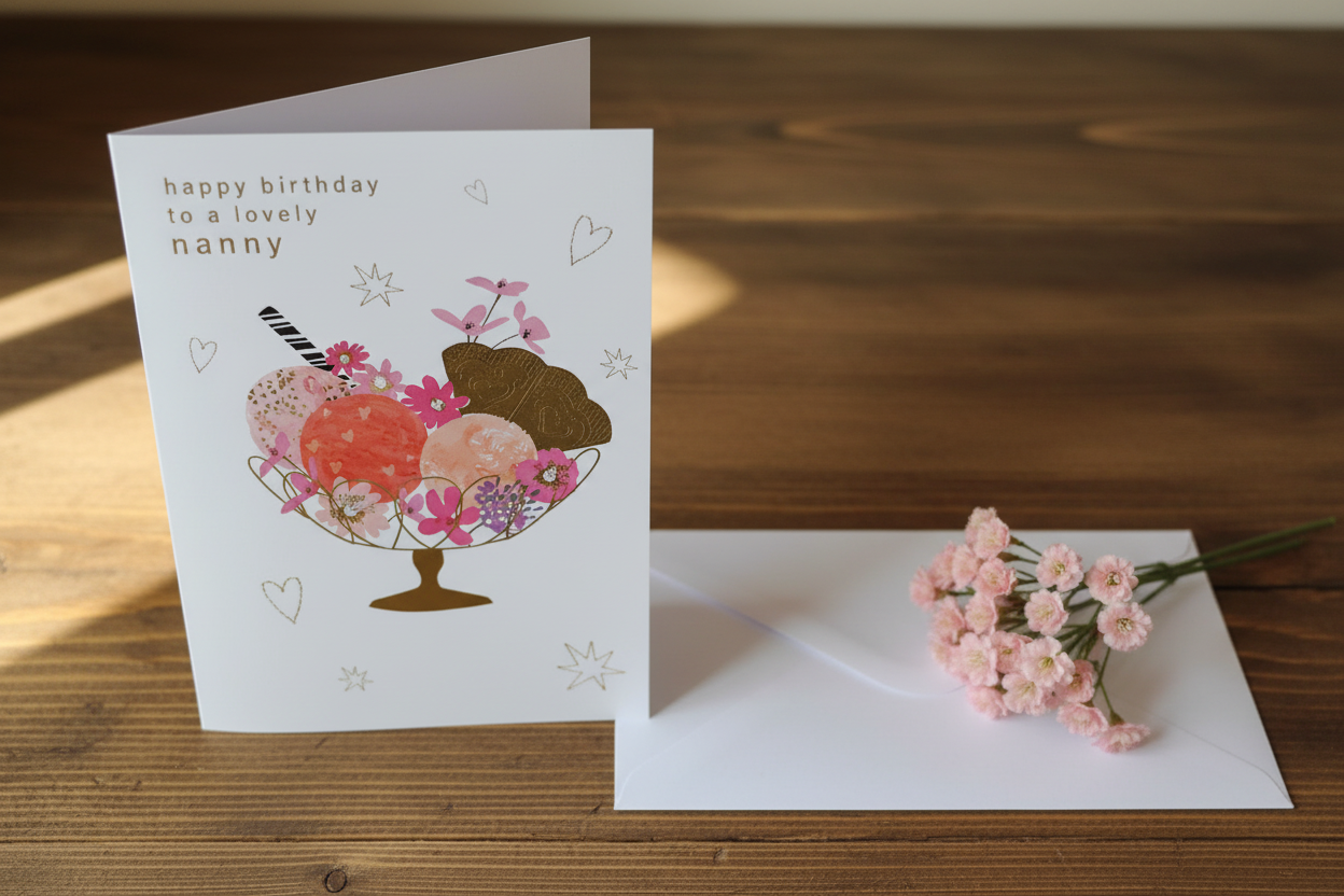 Happy Birthday Nanny ice cream sundae card standing open spine-left in a cosy lifestyle setting