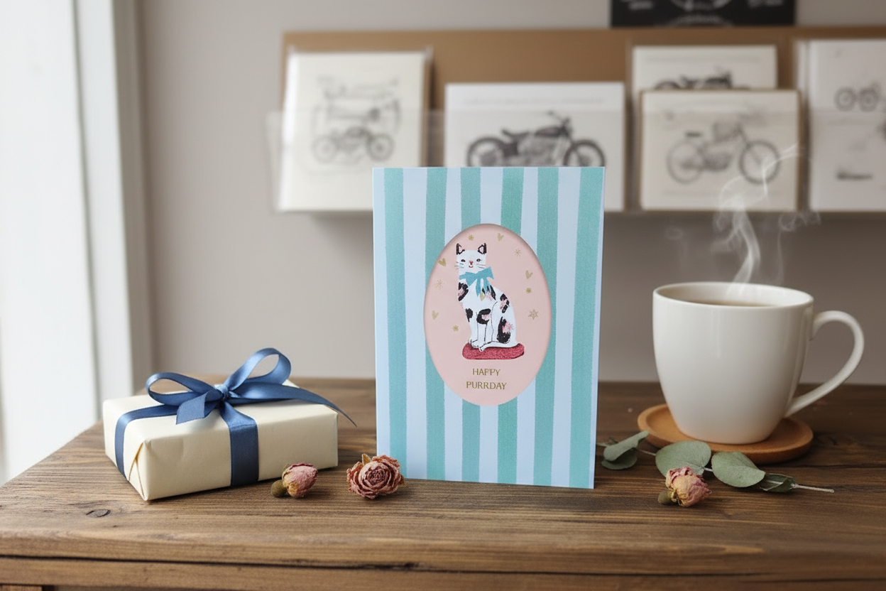 Happy Purrday cat birthday card styled on a rustic wooden surface with a wrapped gift, dried flowers and a cup of tea