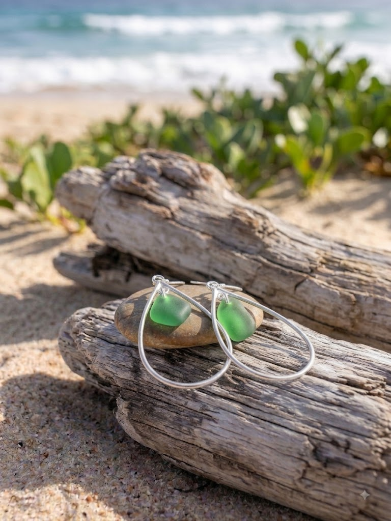 Green sea glass teardrop sterling silver earrings on driftwood and pebble on a sandy beach by Laura Loos