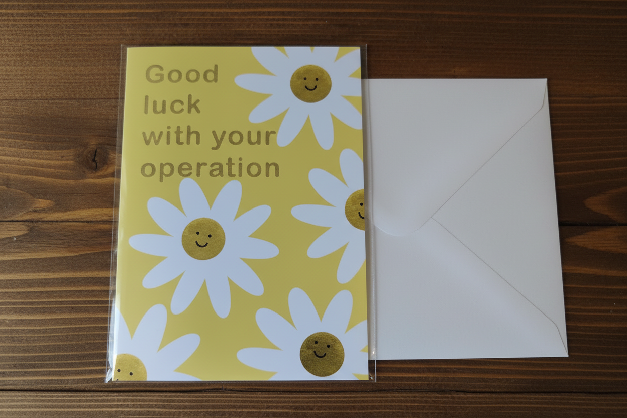 Good luck operation smiley daisy card standing upright spine-left slightly open in a cosy lifestyle setting