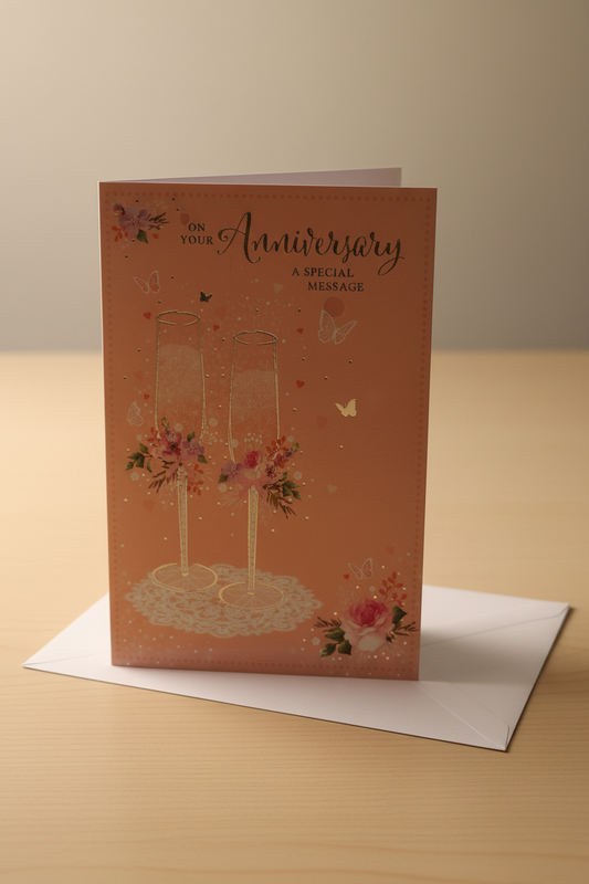 On Your Anniversary champagne flutes card standing upright with white envelope lifestyle shot