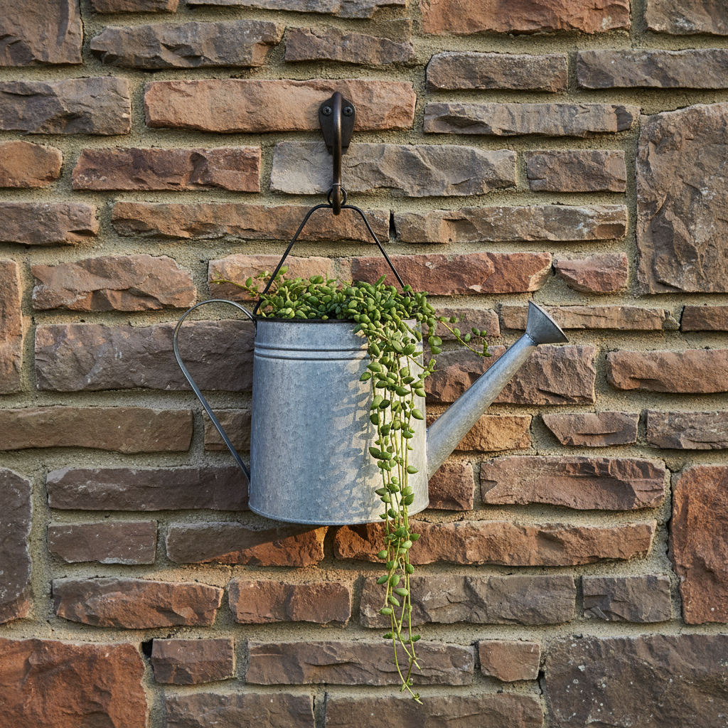 Flat-backed zinc metal watering can wall planter hanging on a rustic garden wall with trailing plant