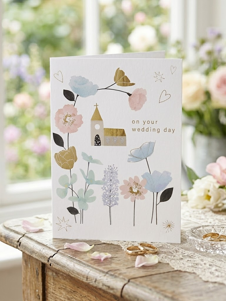 On Your Wedding Day botanical greeting card with soft watercolour florals and gold foil church, displayed on a rustic wooden table with wedding rings and rose petals