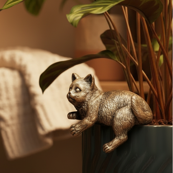 Bronze gold cat Plant Pot Pal ornament draped over the edge of a plant pot