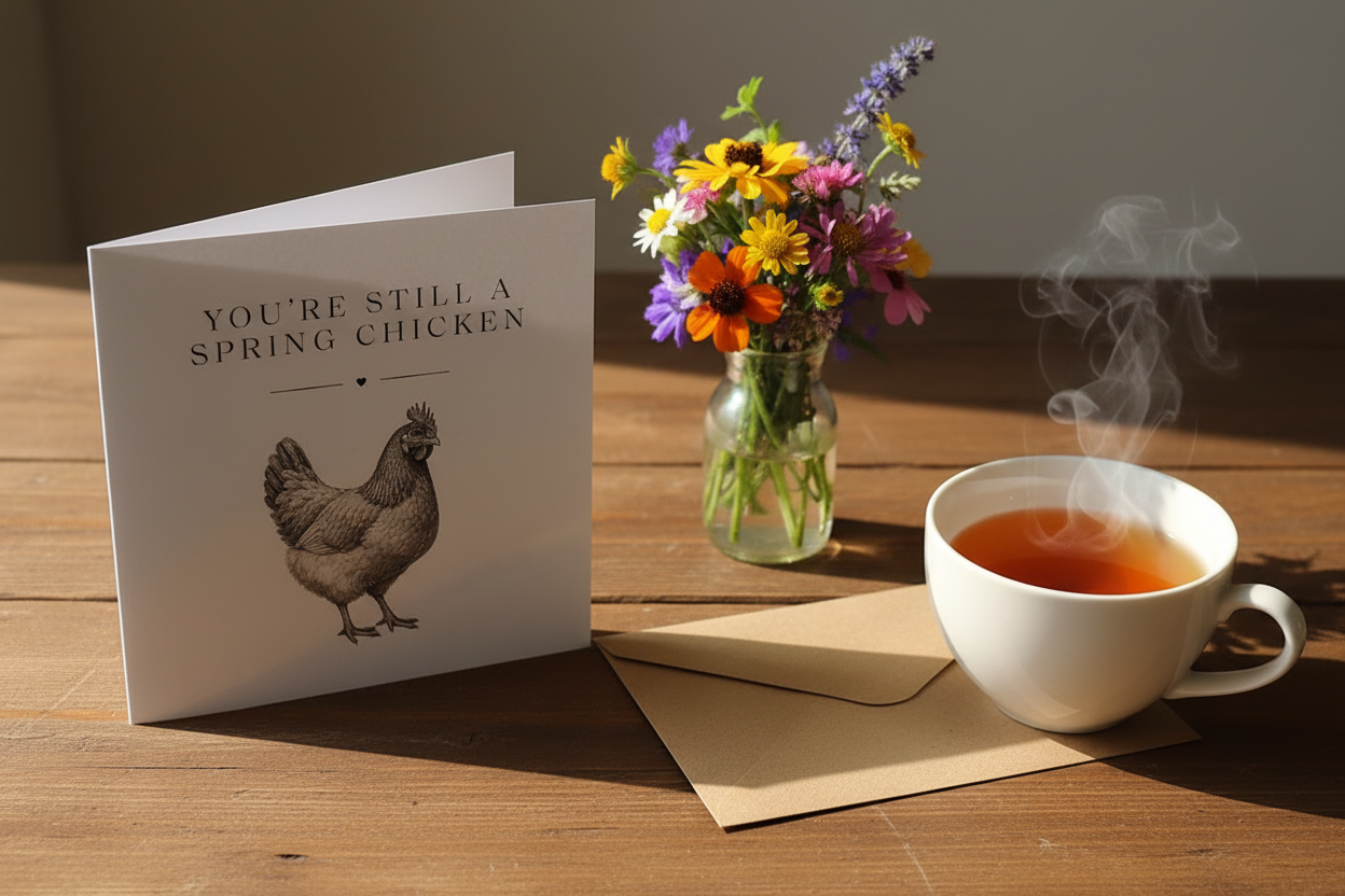 You're Still A Spring Chicken card standing open in a cosy lifestyle setting