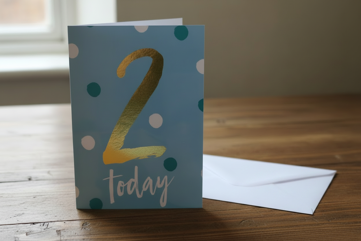 2 Today blue polka dot birthday card standing upright spine-left slightly open in a cosy lifestyle setting