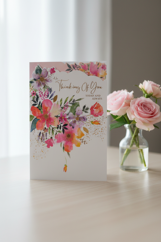 Thinking of You card lifestyle image on wooden desk with pink flowers
