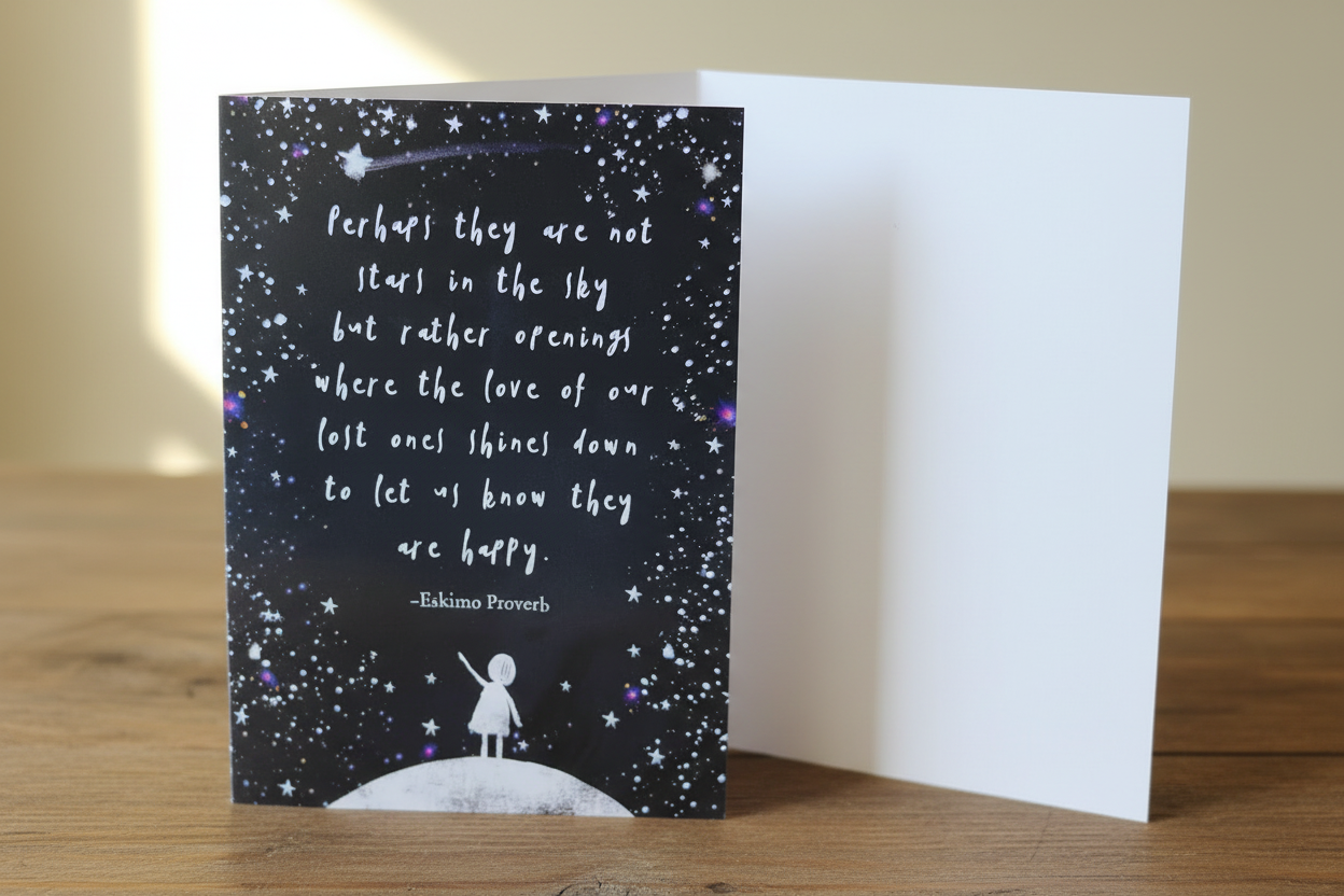 Starry night sympathy greeting card lifestyle photo on rustic wooden surface with white envelope, spine on left