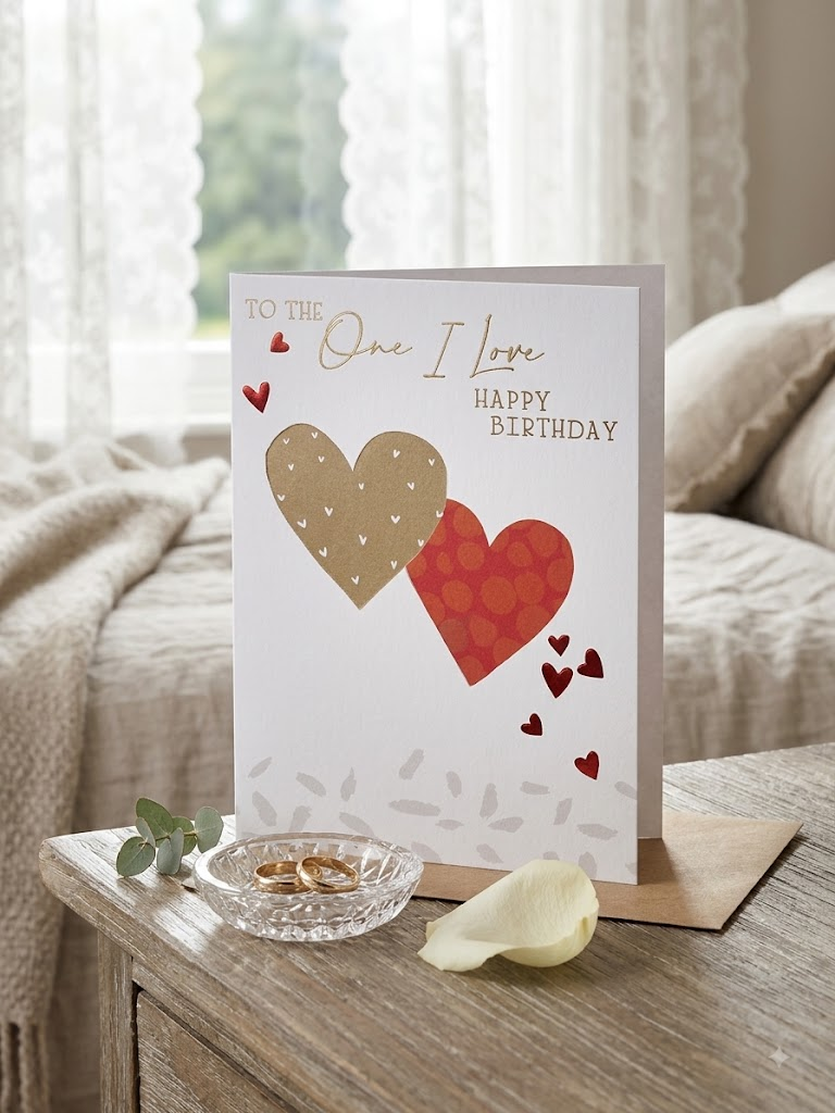 To the One I Love Happy Birthday card with overlapping gold and red hearts and gold foil script lettering, displayed on a bedside table with wedding rings and a white rose petal