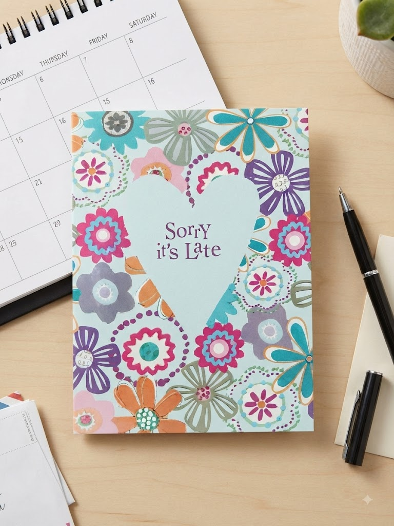 Sorry It's Late belated birthday card with colourful floral design and mint heart on light background