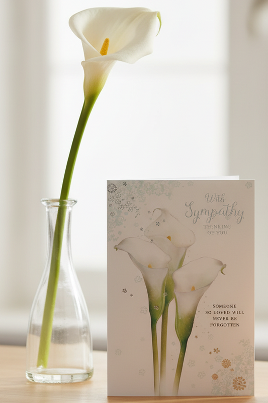 With Sympathy calla lily card lifestyle image on wooden desk
