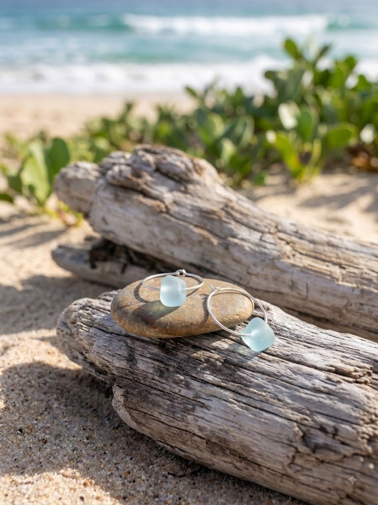 Pale aqua blue sea glass hoop earrings on driftwood and pebble on a sandy beach by Laura Loos