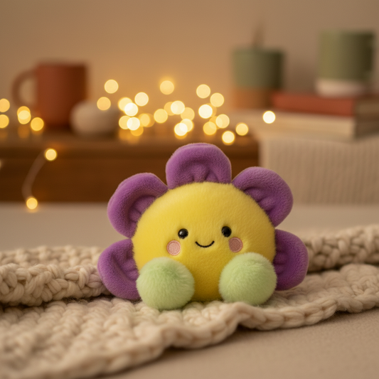 Palm Pal Flower Soft Toy 13cm - yellow and purple plush flower with smiley face