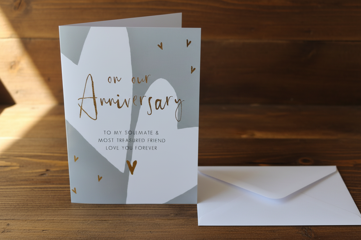 On Our Anniversary card standing upright spine-left slightly open in a cosy lifestyle setting