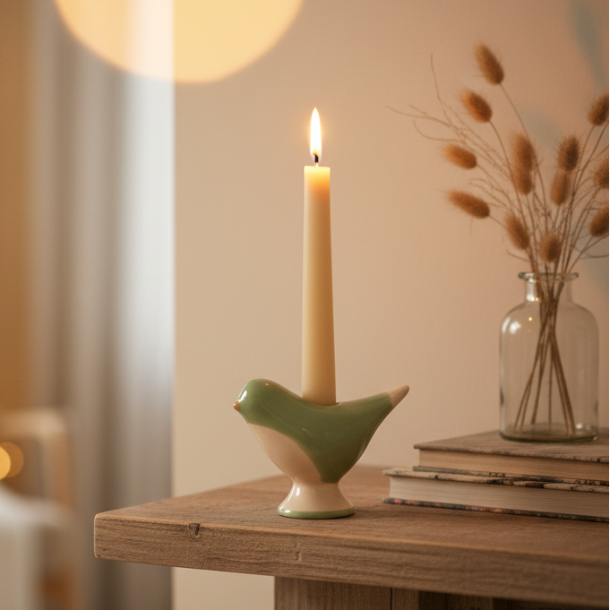 Sage green ceramic bird candle holder with lit taper candle in a cosy home setting