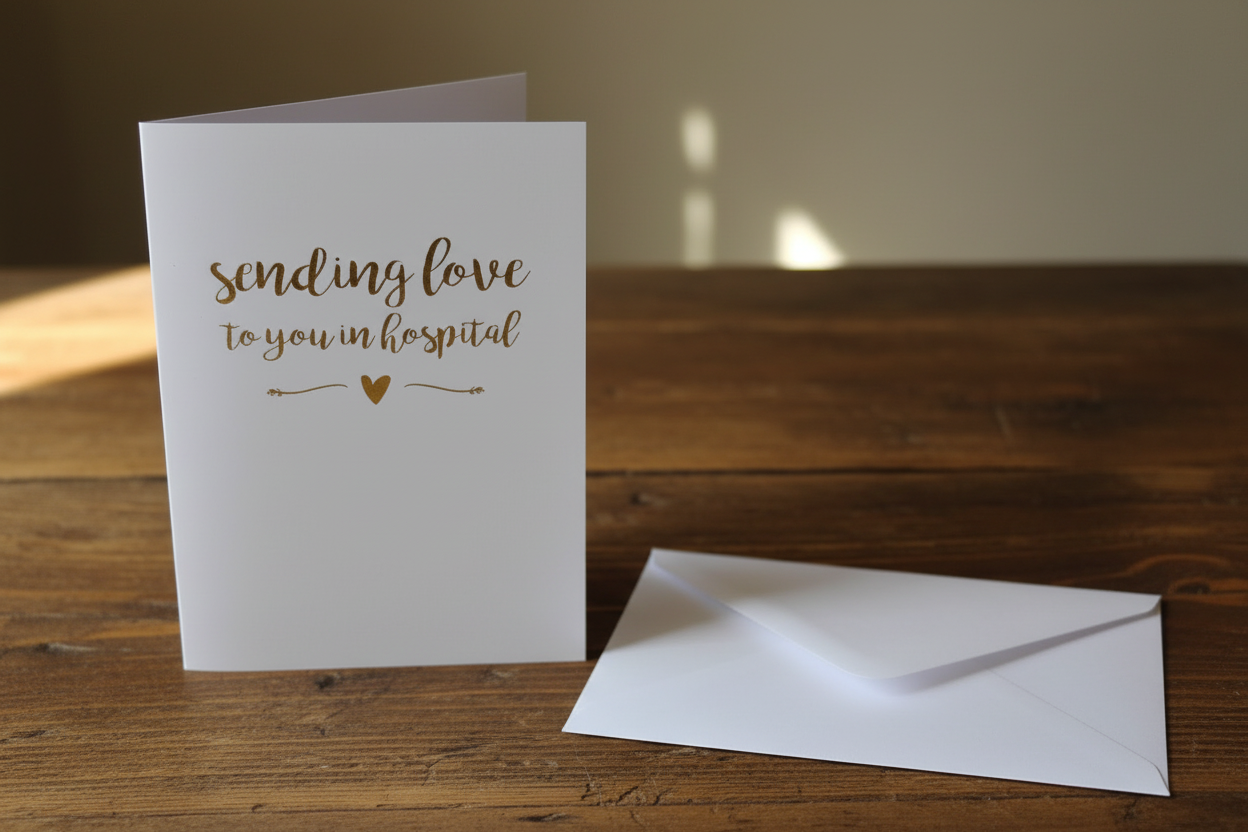 Sending love to you in hospital greeting card lifestyle photo on rustic wooden surface with white envelope