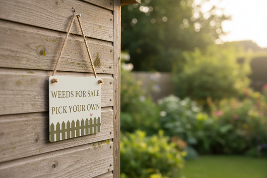 Cream metal garden hanging sign with picket fence border displayed on a rustic shed wall with green foliage