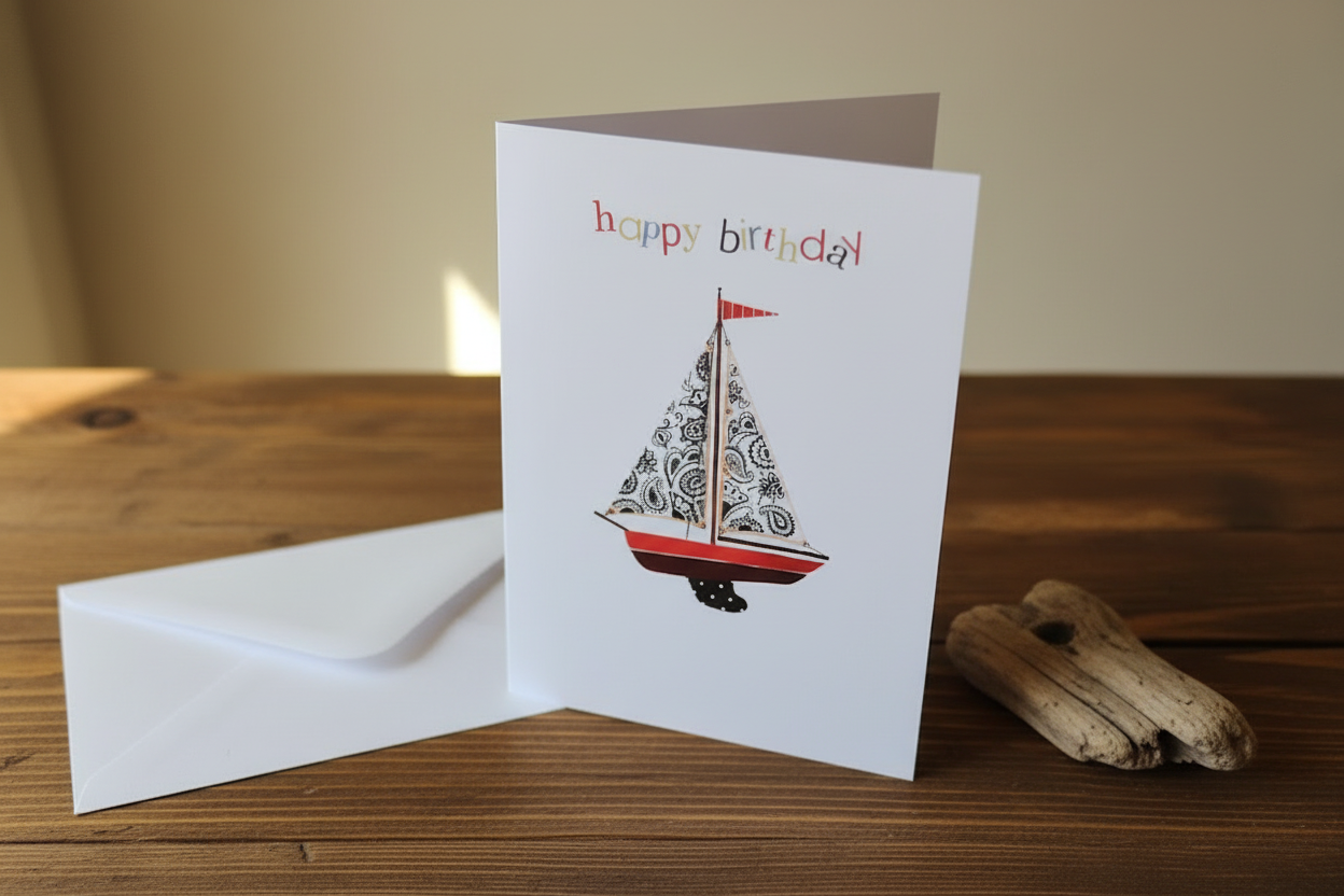 Happy Birthday paisley sailboat card standing upright spine-left slightly open in a cosy lifestyle setting
