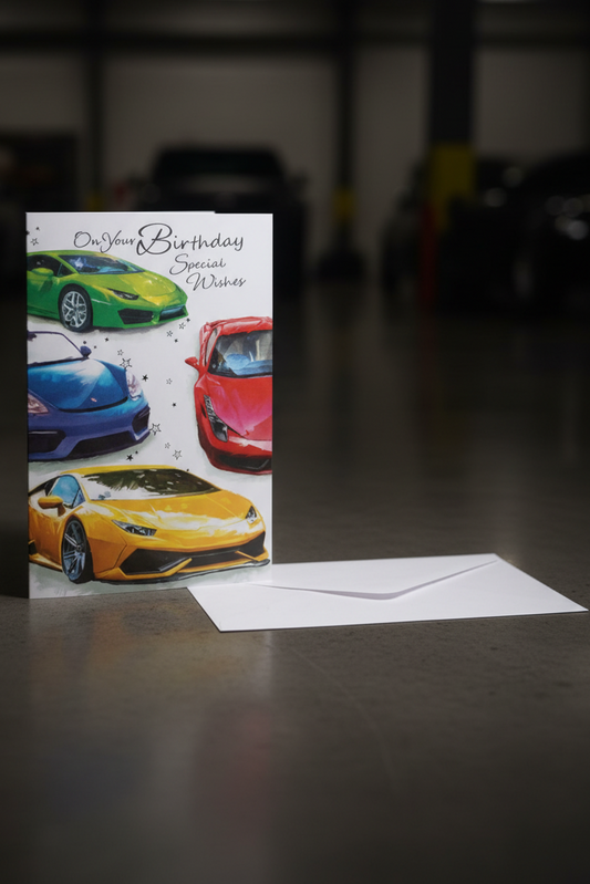 Sports cars birthday card lifestyle shot – moody garage background with white envelope