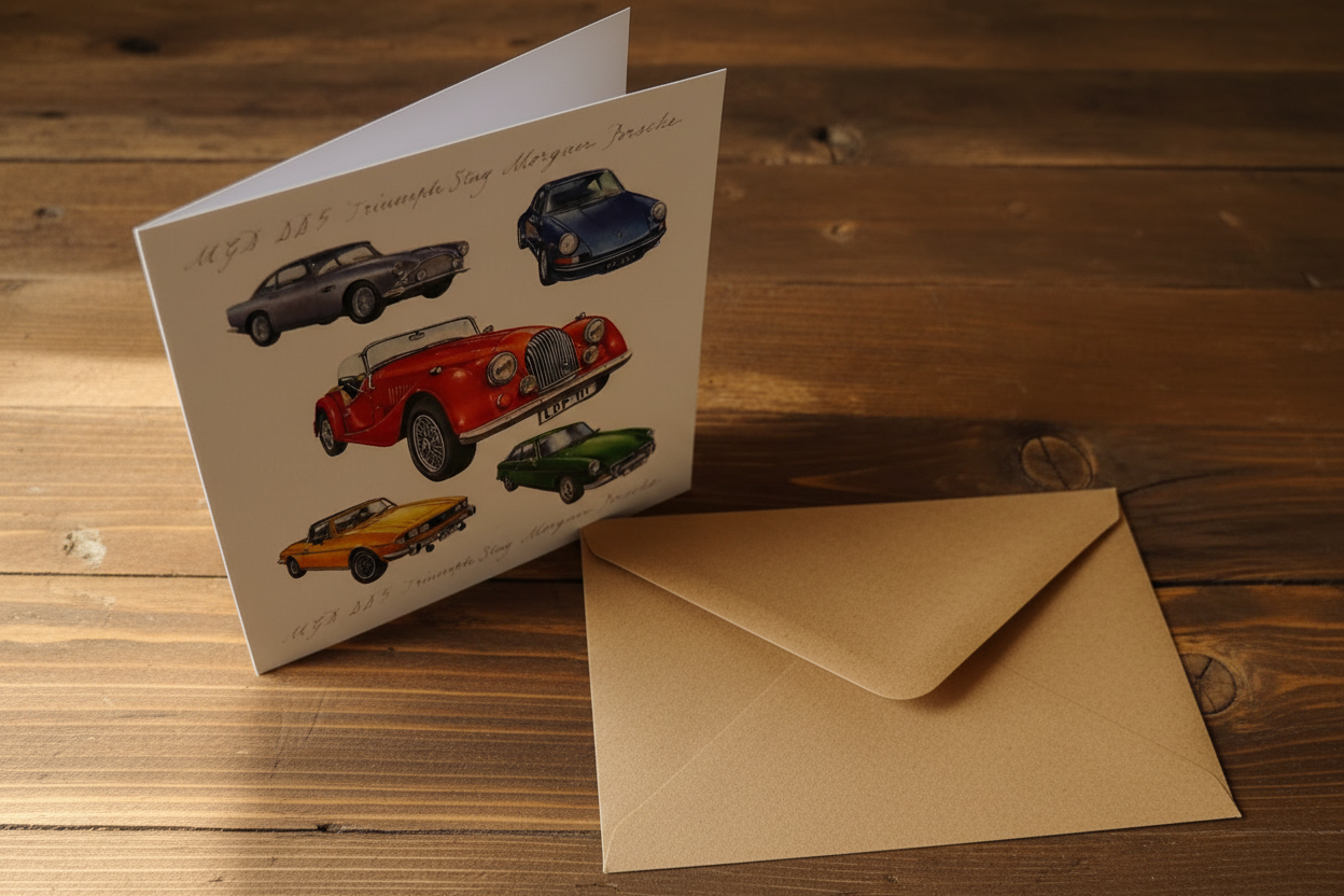 Classic British Cars card standing upright spine-left slightly open in a cosy lifestyle setting