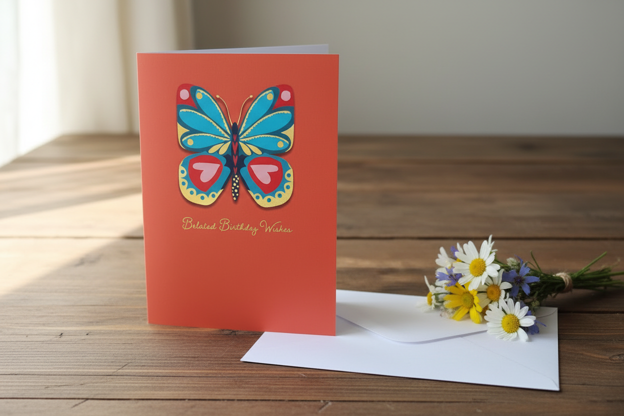 Belated Birthday Wishes butterfly card standing open spine-left in a cosy lifestyle setting