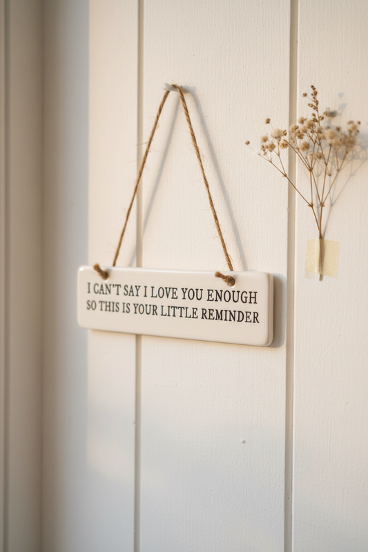 I can't say I love you enough ceramic hanging sign displayed on a white painted wall beside dried flowers
