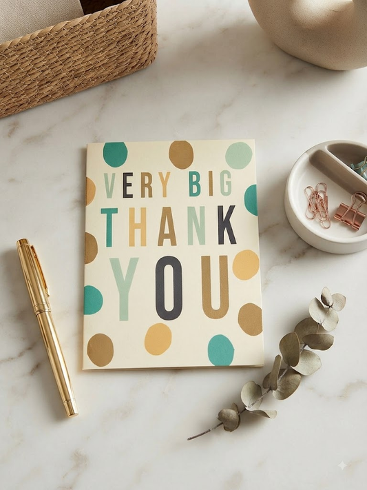 Very Big Thank You greeting card with colourful polka dots on a cream background