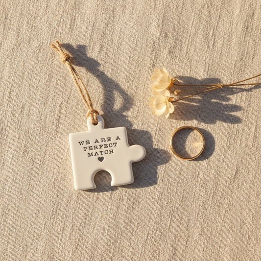We Are a Perfect Match ceramic puzzle piece token lifestyle