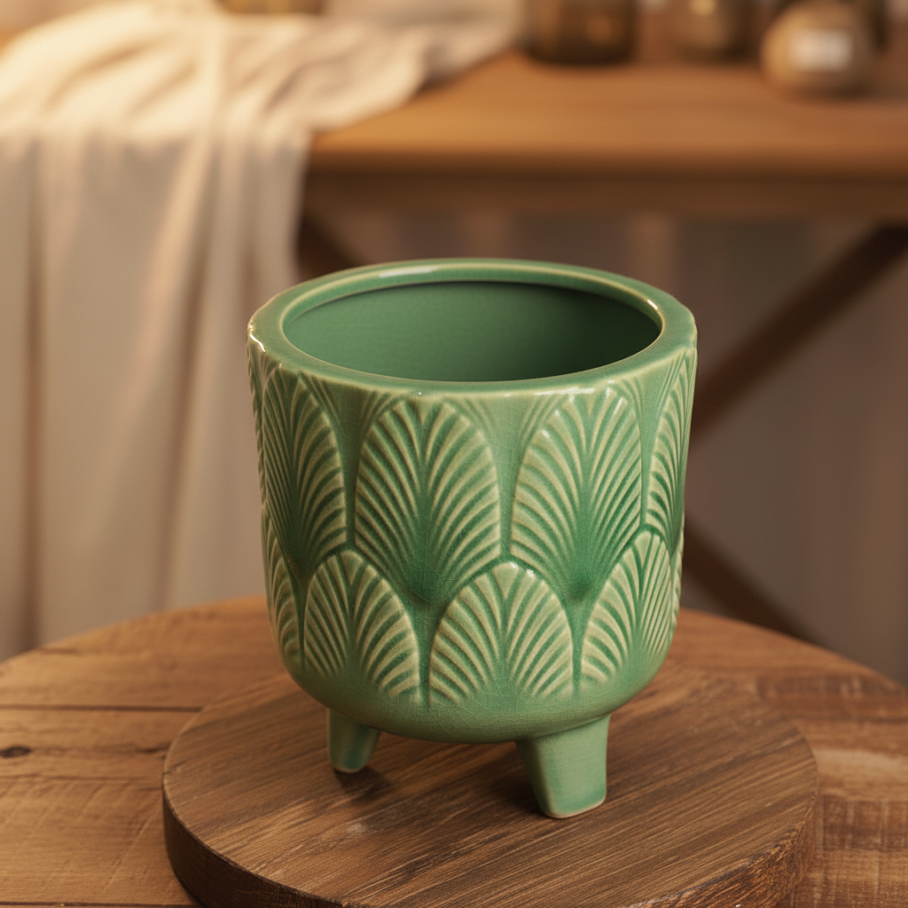 Green leaf embossed ceramic planter shown from an elevated three-quarter angle with rim, interior and three feet visible