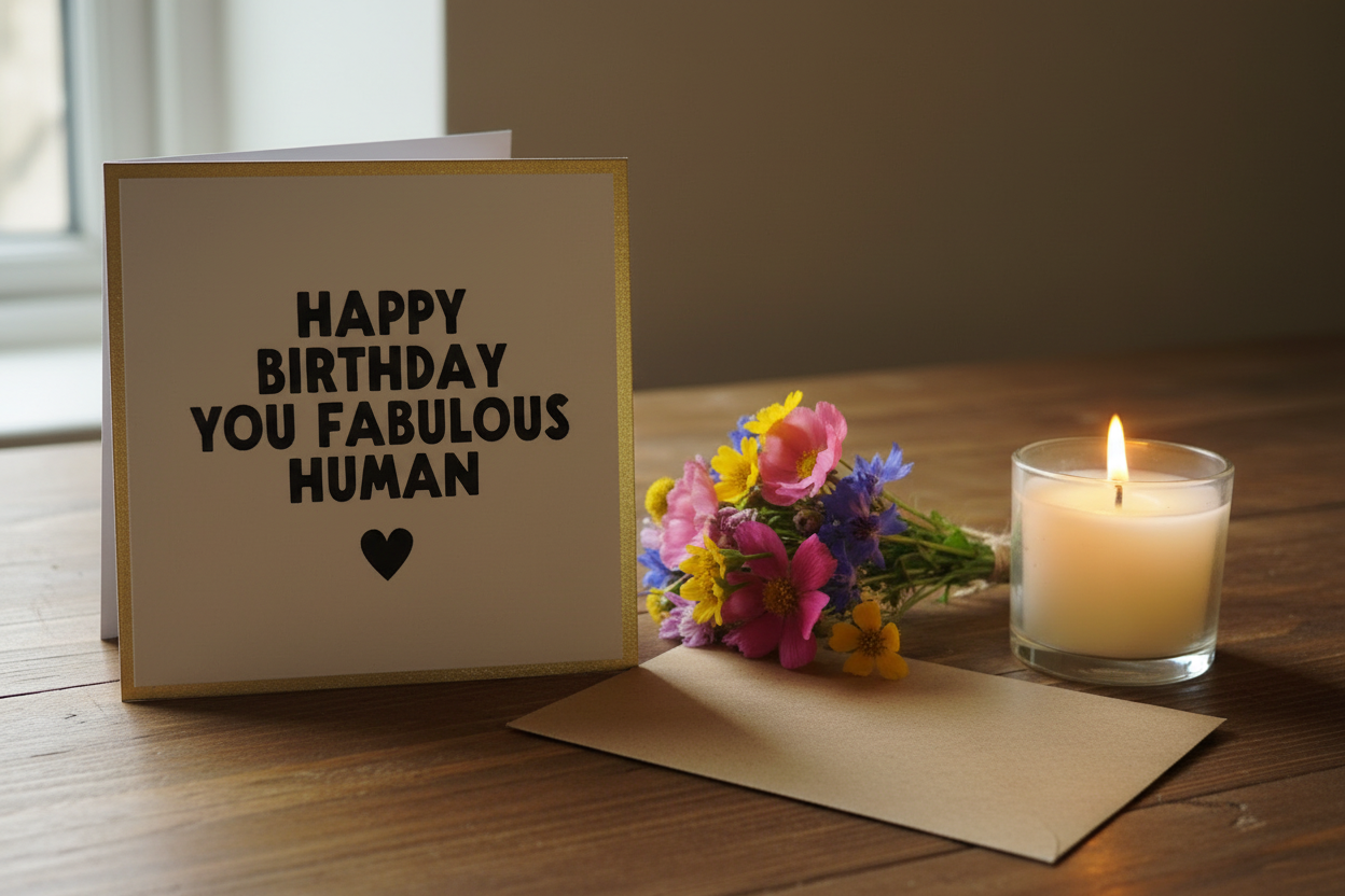 Happy Birthday You Fabulous Human card standing open in a cosy lifestyle setting