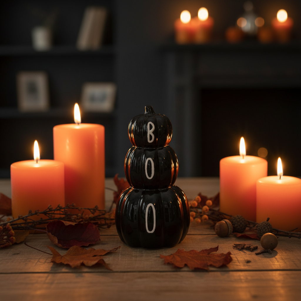 BOO stacked pumpkin Halloween ornament styled in a cosy autumn home setting