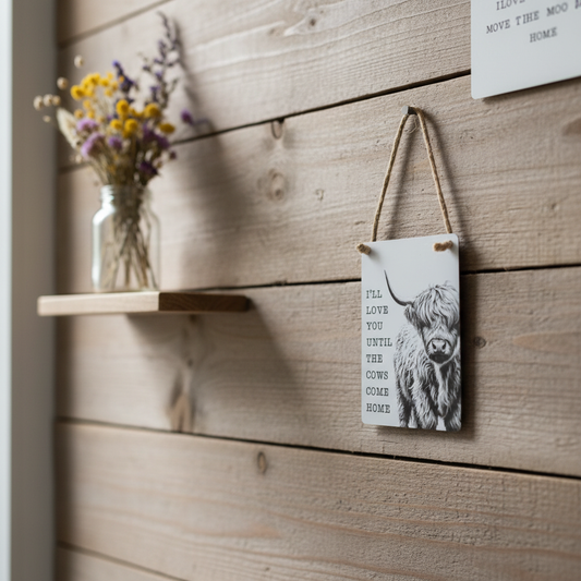 I'll Love You Until the Cows Come Home mini sign hung on a rustic wall