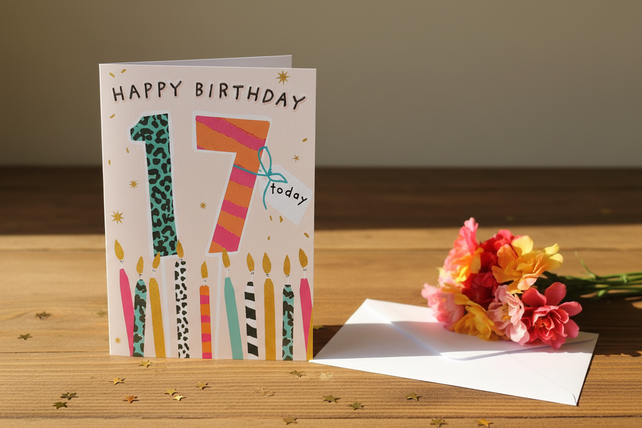 Happy Birthday 17 Today card standing open spine-left in a cosy lifestyle setting
