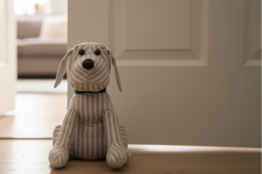 Fabric ticking stripe dog doorstop beside a white painted door on a light oak floor