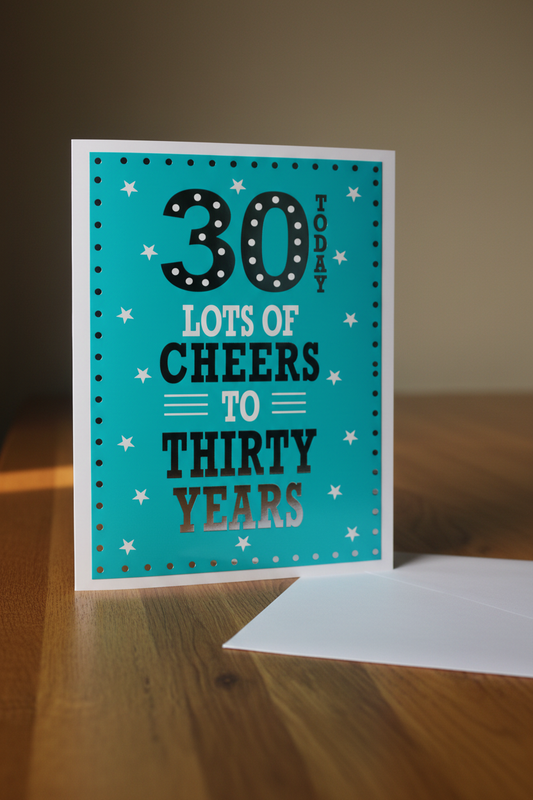 30 Today birthday card standing upright with white envelope lifestyle shot