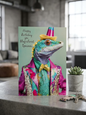 Funny birthday card featuring a dapper iguana in a colourful sequin jacket and party hat with the text Happy Birthday you Magnificent Specimen