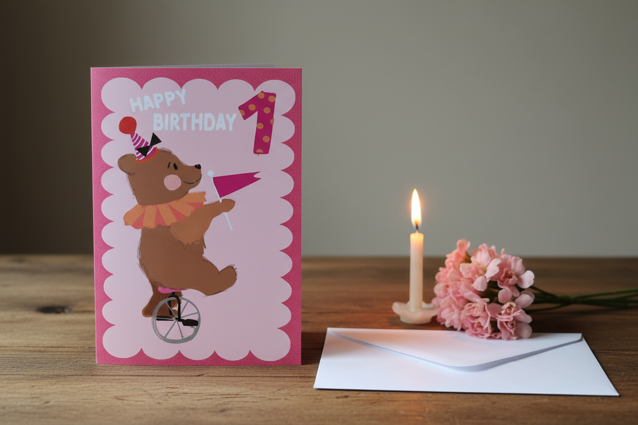 Happy Birthday 1 Today bear card standing open spine-left in a cosy lifestyle setting