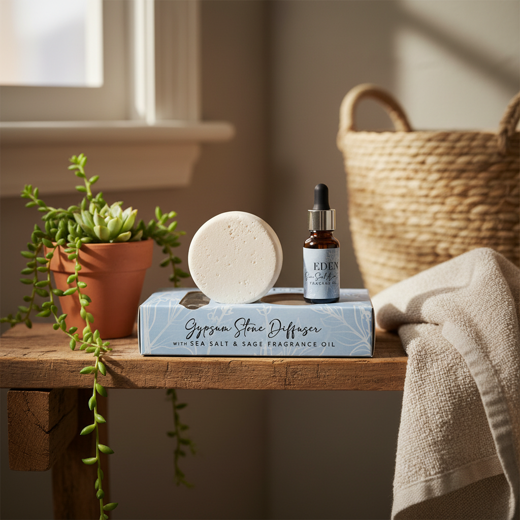 Eden Sea Salt and Sage gypsum stone diffuser and fragrance oil styled on a cosy bathroom shelf