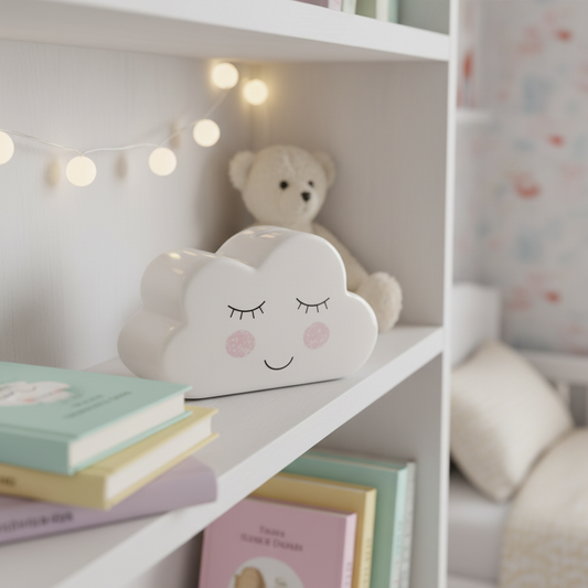 Ceramic cloud money box styled on a nursery shelf