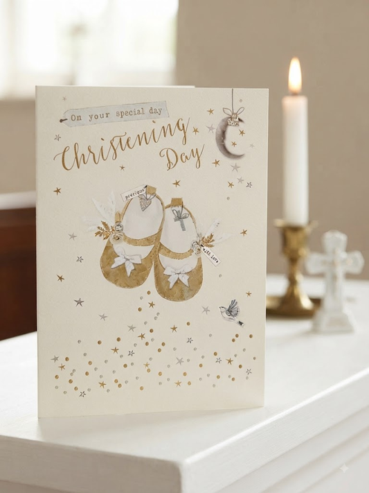 On Your Special Day Christening Day card featuring illustrated gold baby shoes with white bows, a cross charm and crescent moon on a soft cream background with gold stars, displayed on a white surface beside a gold candlestick and white cross ornament