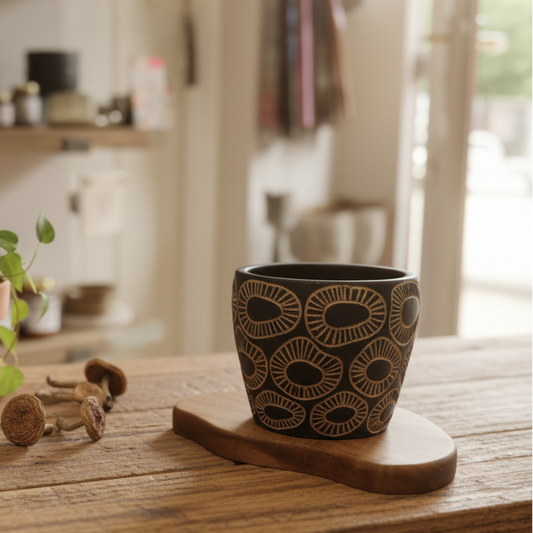 Black mushroom embossed pot on wooden base styled on a rustic surface with trailing plants and dried botanicals