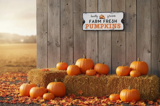 Farm Fresh Pumpkins vintage metal sign displayed on a rustic barn wall surrounded by pumpkins and hay bales