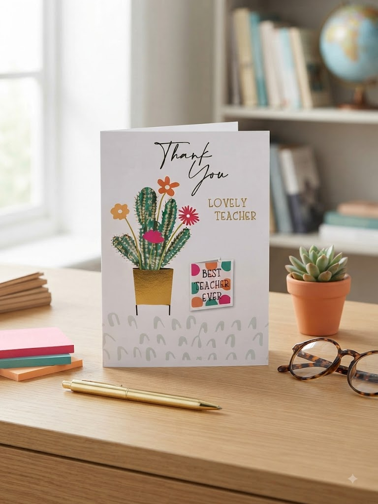 Thank You Lovely Teacher card featuring an illustrated cactus in a gold pot with colourful flowers and a Best Teacher Ever badge, displayed on a wooden desk with a gold pen, sticky notes, glasses and a small succulent plant