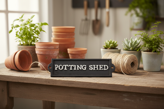 Potting Shed cast iron wall sign in landscape orientation styled on a rustic potting bench with terracotta pots and garden plants