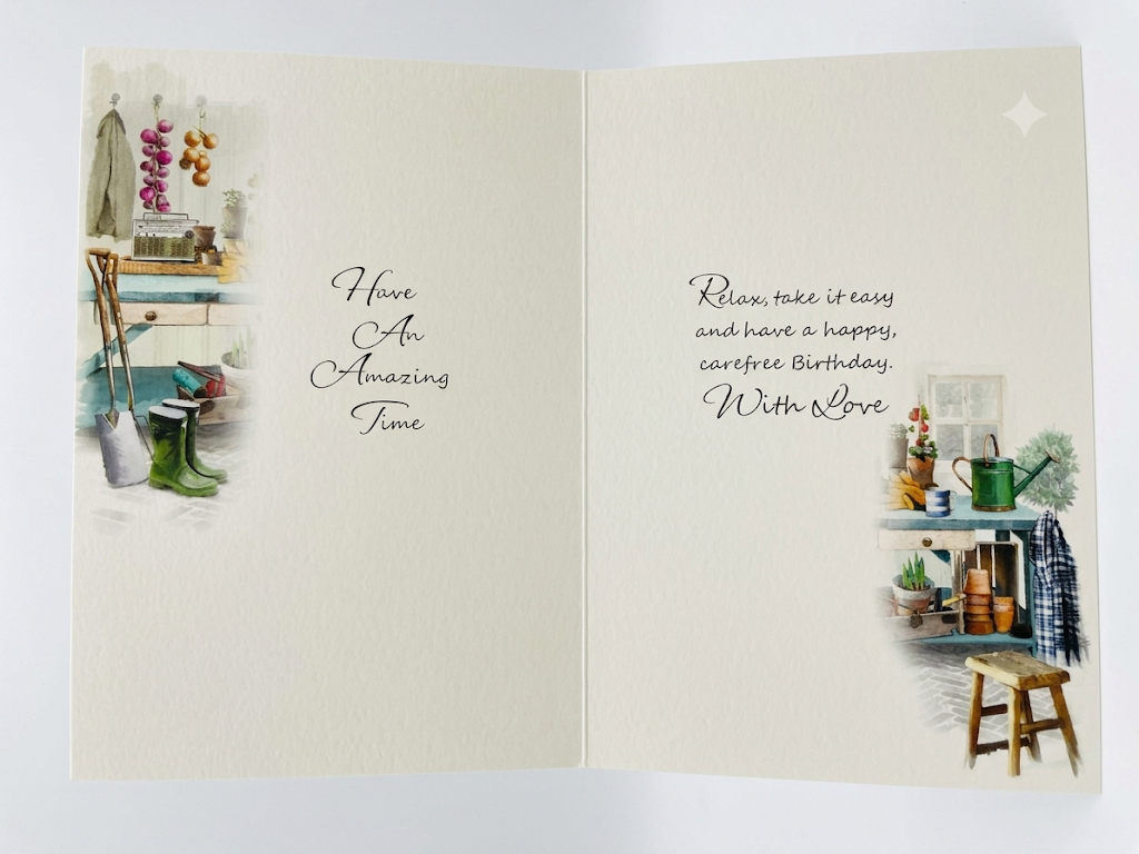 Happy Birthday Grandad gardening card inside — Have an Amazing Time, Relax take it easy