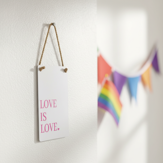 Love Is Love mini sign hung on a white wall with rainbow bunting