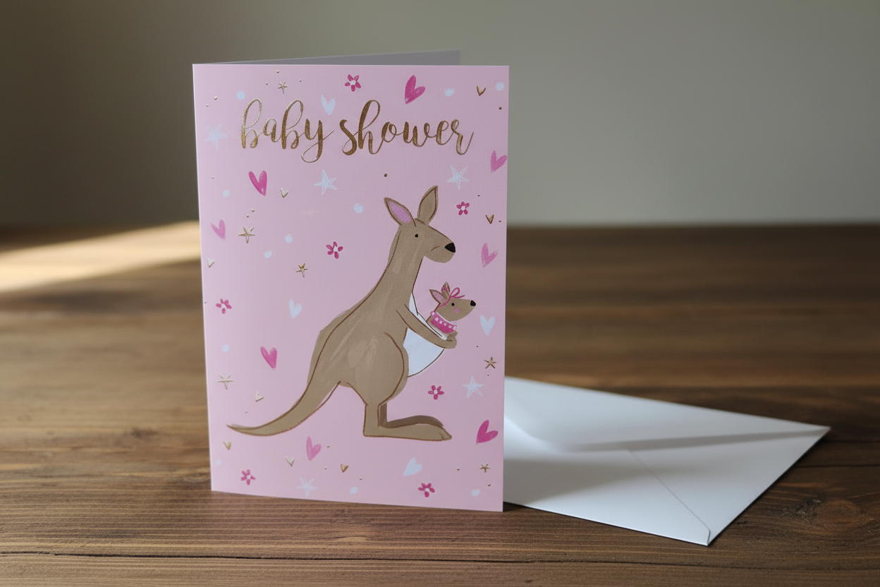 Baby shower kangaroo card standing upright spine-left slightly open in a cosy lifestyle setting