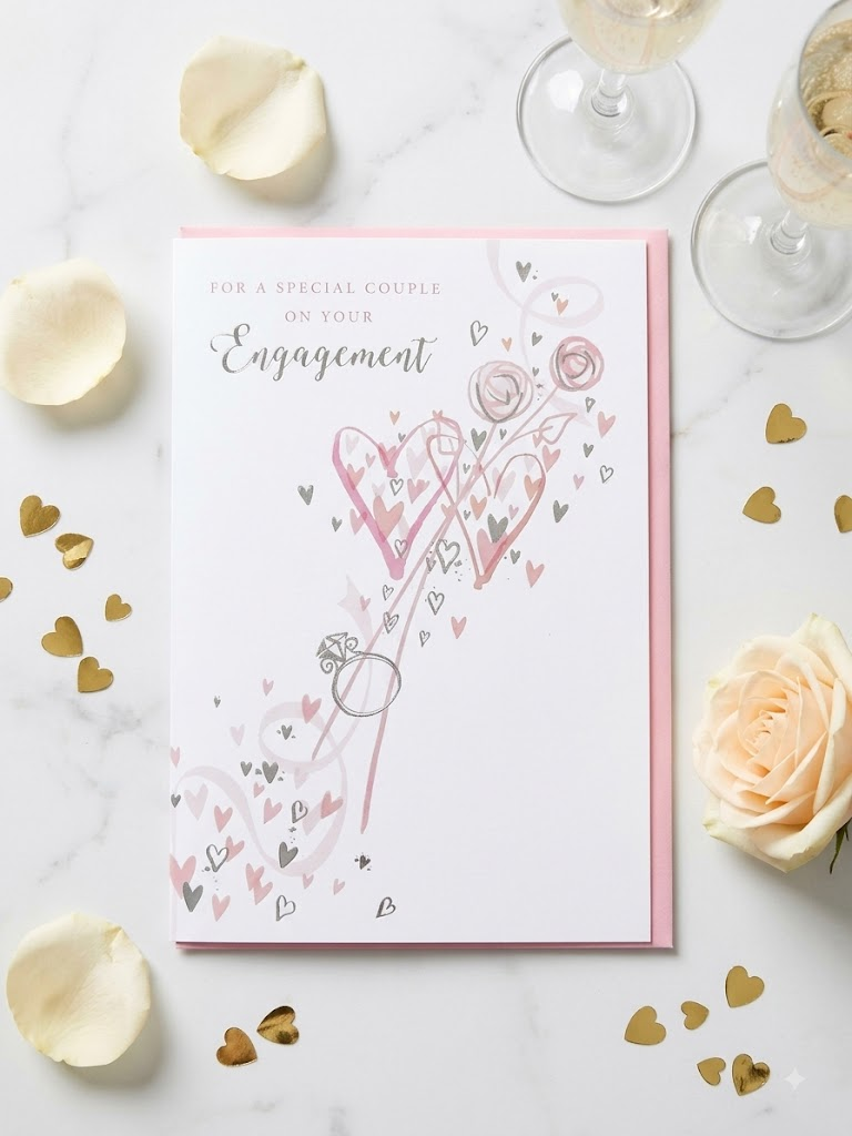 For a Special Couple On Your Engagement greeting card with watercolour hearts, roses and diamond ring illustration in blush pink and silver, displayed on a marble surface with champagne glasses, rose petals and gold heart confetti