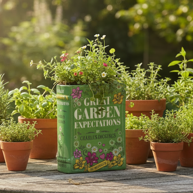 Great Garden Expectations ceramic book vase in green with floral illustration, by Charles Diggings