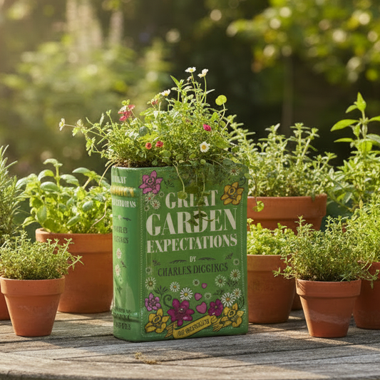 Great Garden Expectations ceramic book vase in green with floral illustration, by Charles Diggings